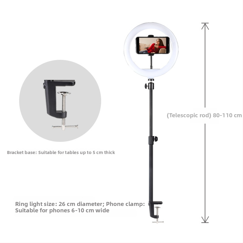 Stojan na živé vysielanie zo stolného telefónu s LED kruhovým svetlom na selfie a beauty fotenie, teleskopická tyč