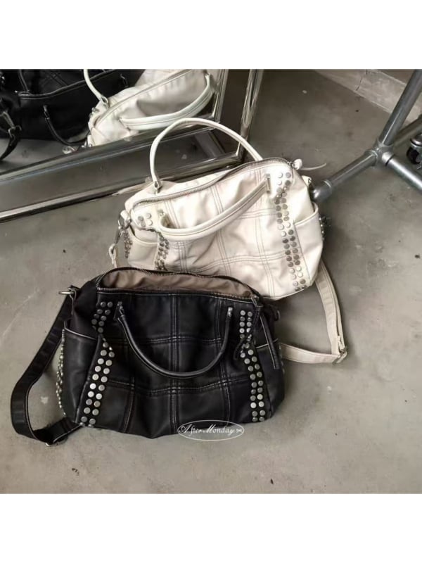Geantă de damă cu capacitate mare, în stil coreean, cu nituri, formă de pernă, cu curea de umăr și curea crossbody