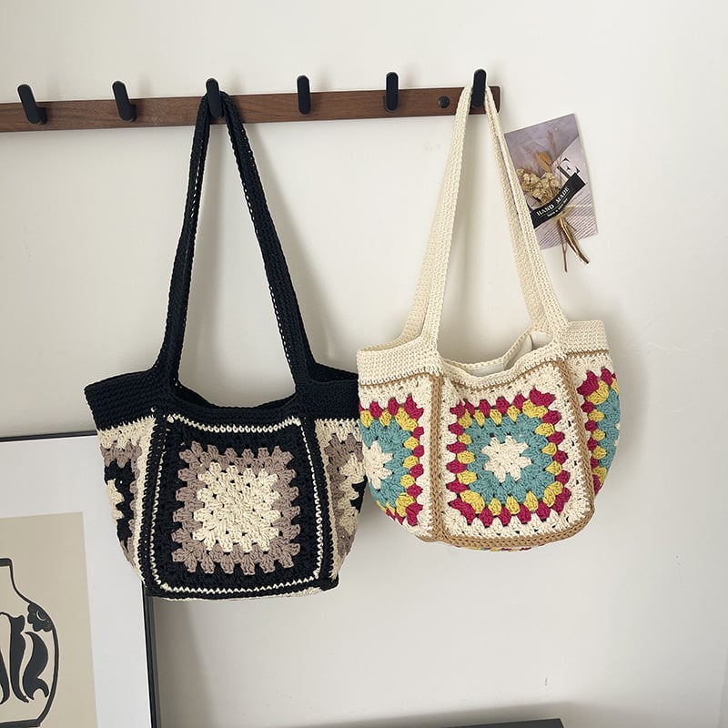 Geantă bucket tricotată, capacitate mare, cu model granny-square, stil etnic – tote pentru plajă