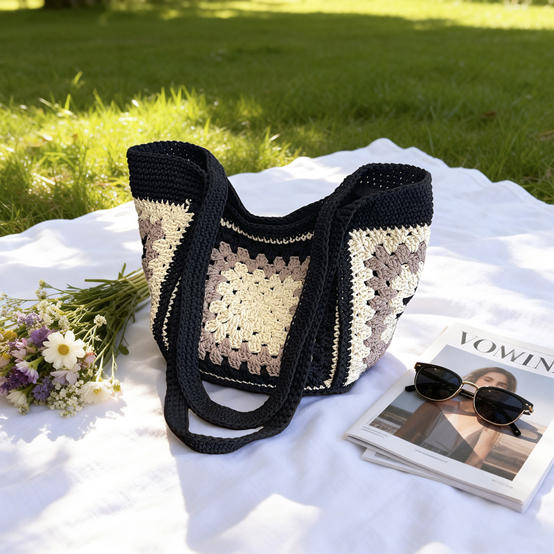 Geantă bucket tricotată, capacitate mare, cu model granny-square, stil etnic – tote pentru plajă
