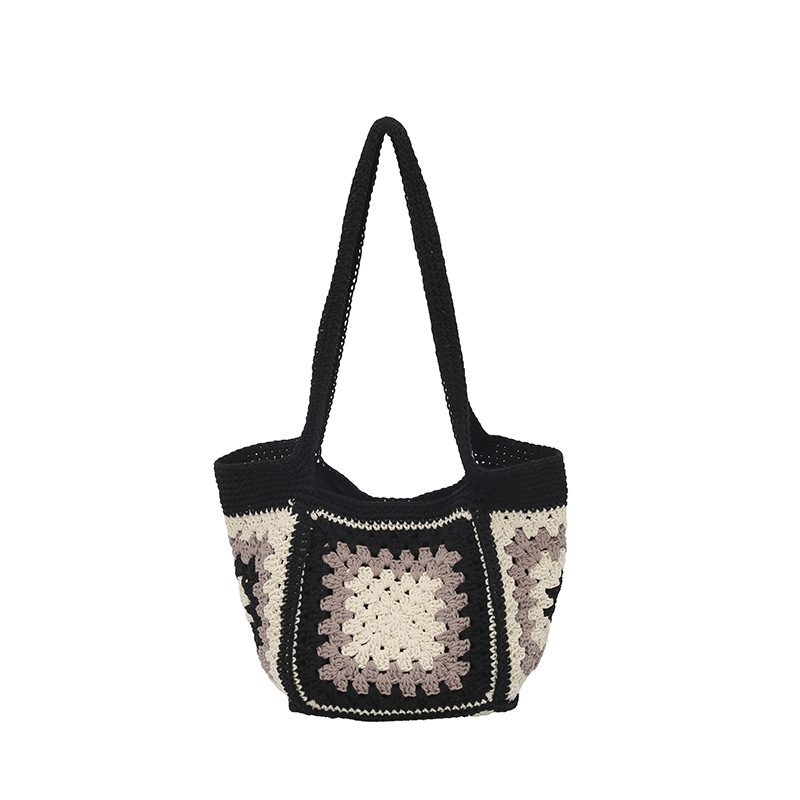 Geantă bucket tricotată, capacitate mare, cu model granny-square, stil etnic – tote pentru plajă