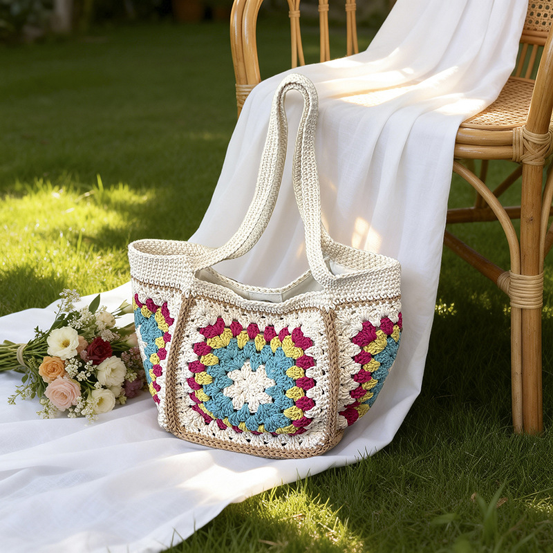 Geantă bucket tricotată, capacitate mare, cu model granny-square, stil etnic – tote pentru plajă