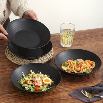Farfurie neagră din plastic, minimalistă, cu nervuri, stil occidental, pentru uz casnic – farfurie cu formă de pălărie de paie, farfurie pentru legume, farfurie pentru supă, farfurie de cină, farfurie adâncă