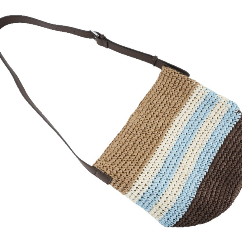 Geantă de umăr cu capacitate mare, design bucket cu dungi retro din sfoară de hârtie, închidere magnetică, textură țesută