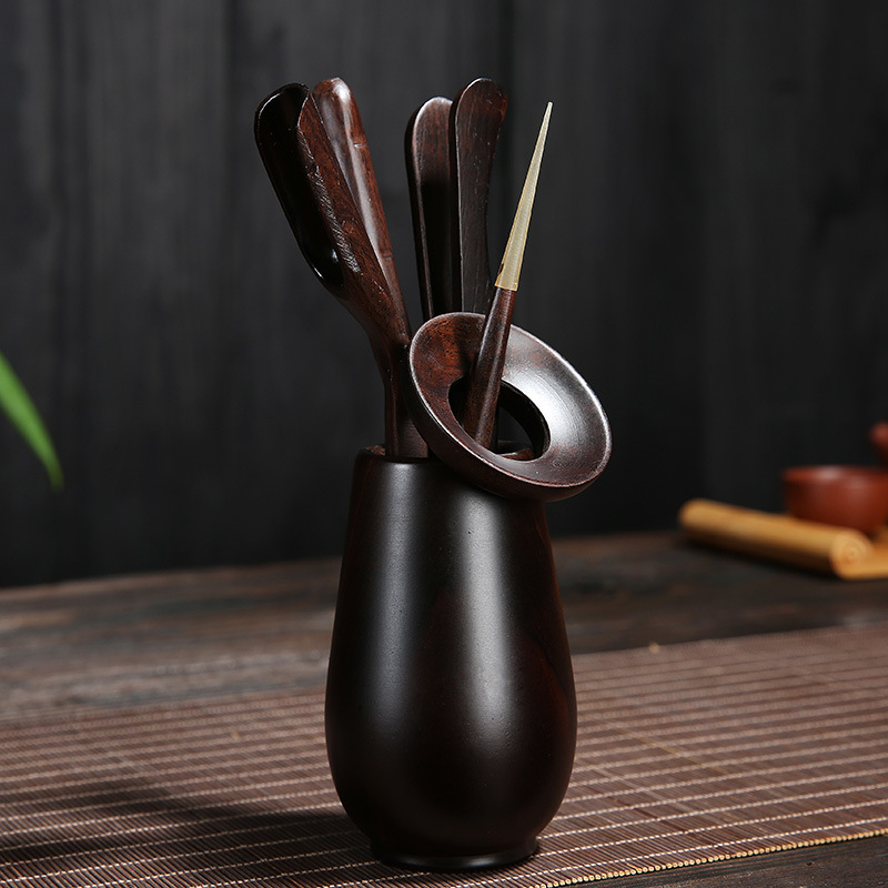Set complet pentru ceremonia ceaiului din lemn de abanos — șase domni ai ceaiului, accesorii pentru ceremonia ceaiului, clips din lemn minimalist pentru ceai și decor pentru masă