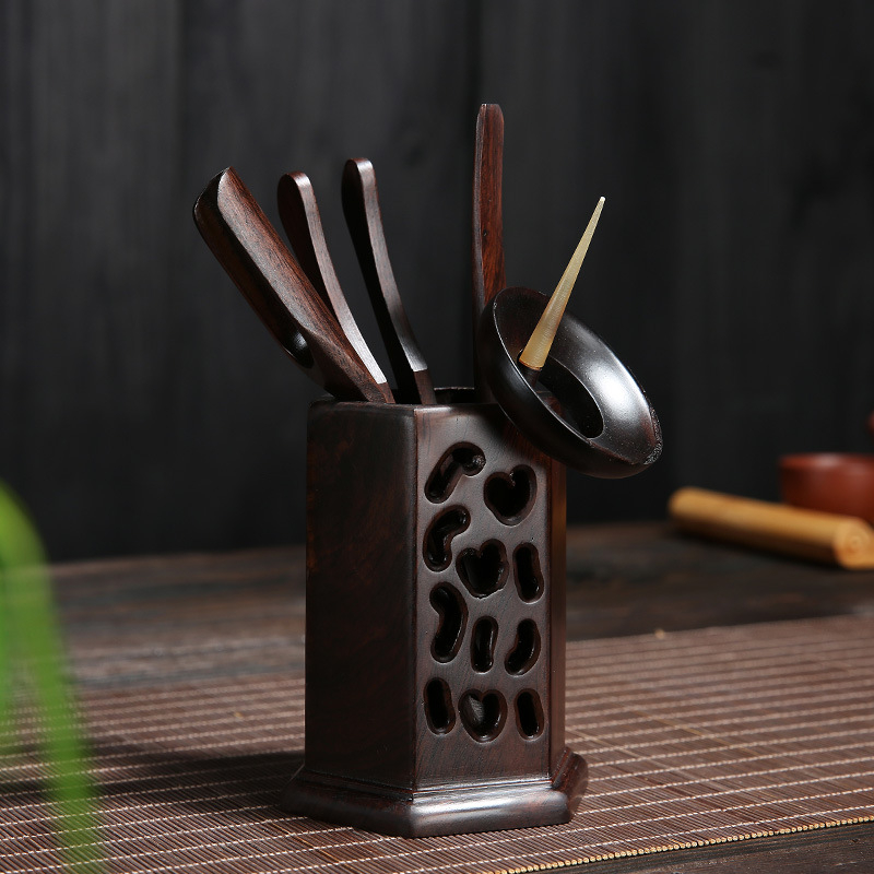 Set complet pentru ceremonia ceaiului din lemn de abanos — șase domni ai ceaiului, accesorii pentru ceremonia ceaiului, clips din lemn minimalist pentru ceai și decor pentru masă