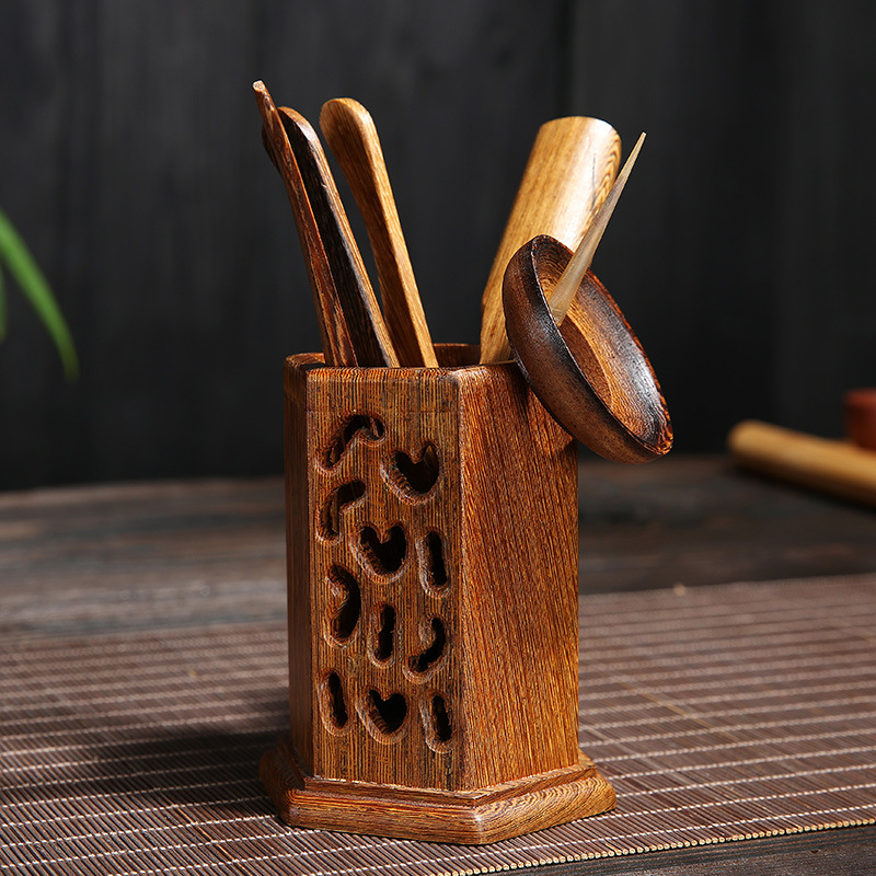 Set complet pentru ceremonia ceaiului din lemn de abanos — șase domni ai ceaiului, accesorii pentru ceremonia ceaiului, clips din lemn minimalist pentru ceai și decor pentru masă