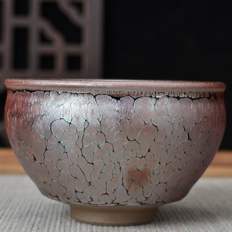 Ceșcuță de ceai Jianyang Jianzhan, ceramică cu glazură oil-drop mov-auriu, design Magnolia, cană individuală