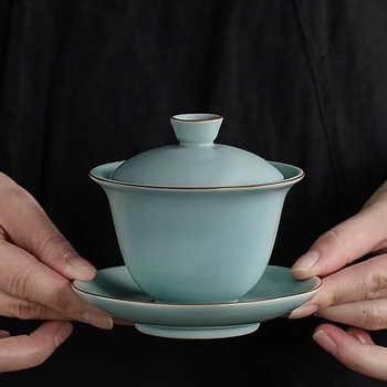 Set ceai cu bol cu capac Celadon sancai Ru, porțelan Ru Gongfu
