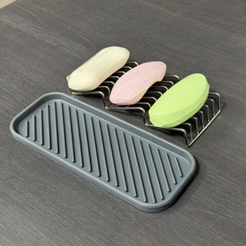 Suport de săpun din oțel inoxidabil 304, cu pernă de silicon, design în trepte, suport ondulat cu tavă de drenaj pentru baie