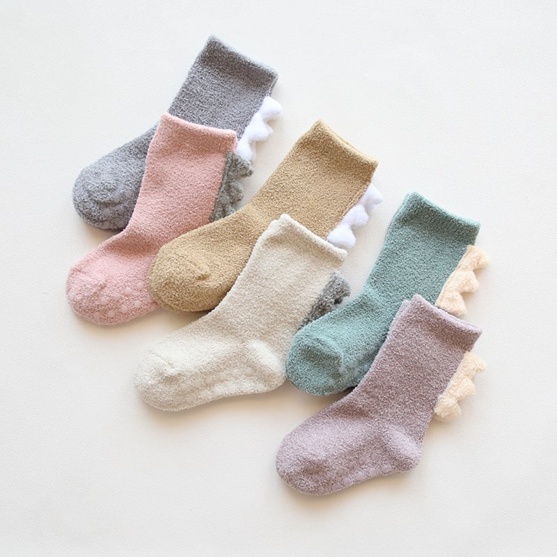 Șosete de bebeluș din coral fleece, groase, cu model de dinozaur, lungime până la gambă, toamnă–iarna, 0–3 ani