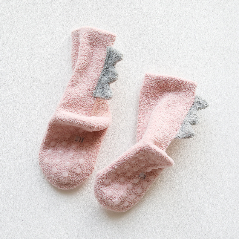 Șosete de bebeluș din coral fleece, groase, cu model de dinozaur, lungime până la gambă, toamnă–iarna, 0–3 ani