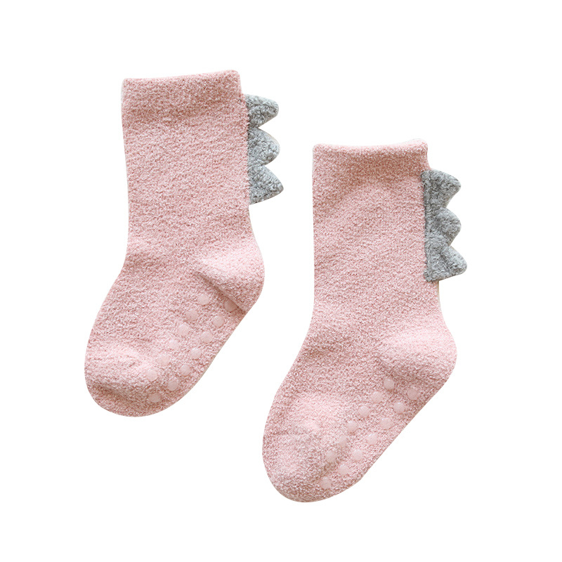 Șosete de bebeluș din coral fleece, groase, cu model de dinozaur, lungime până la gambă, toamnă–iarna, 0–3 ani
