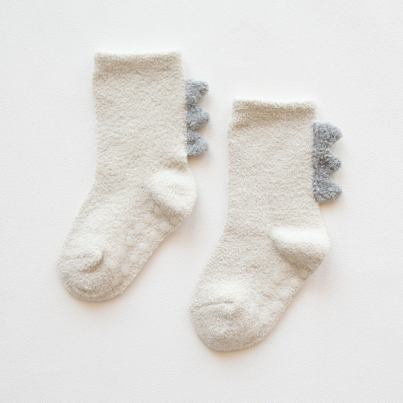 Șosete de bebeluș din coral fleece, groase, cu model de dinozaur, lungime până la gambă, toamnă–iarna, 0–3 ani