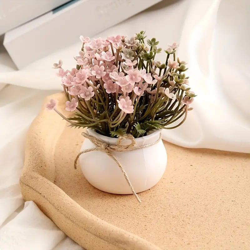 Plantă artificială în ghiveci cu flori, decor de masă, accent pentru living interior