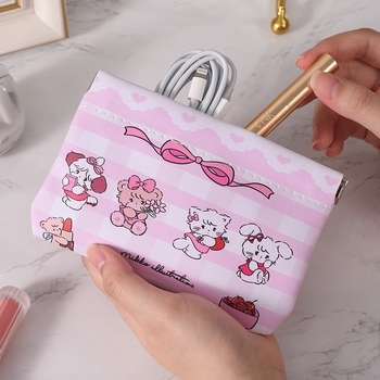 Geantă de stocare portabilă pentru căști, cabluri, ruj și machiaj - Material PU, stil desen animat
