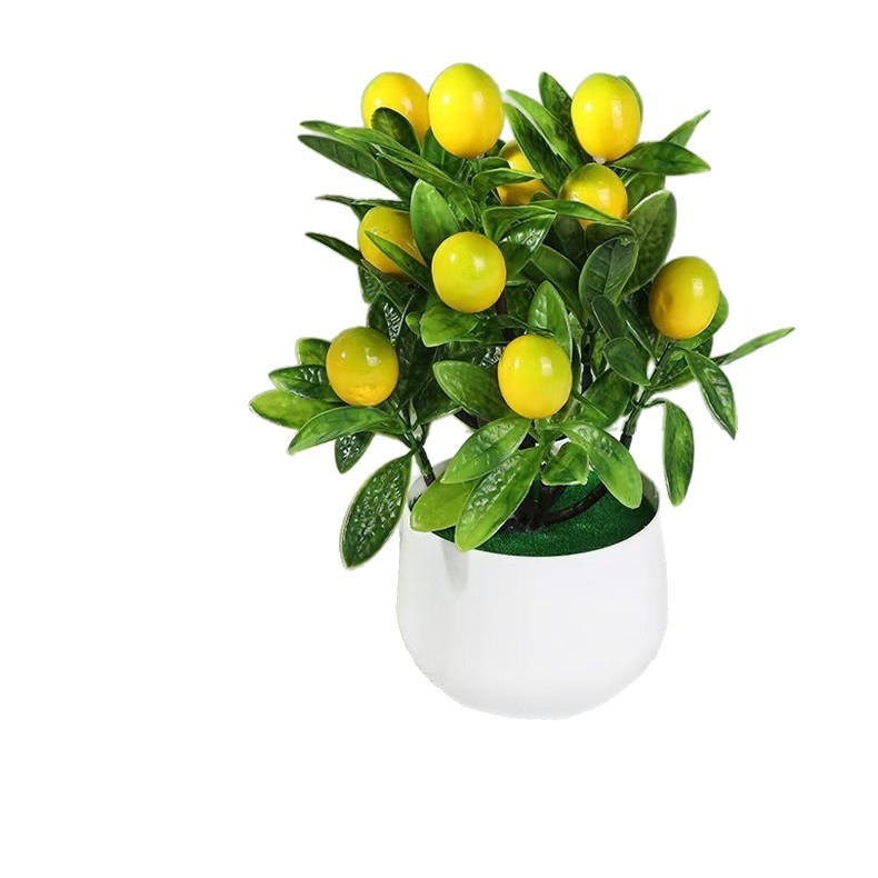 Bonsai cu lămâie în ghiveci, plantă verde artificială cu fructul de lămâie