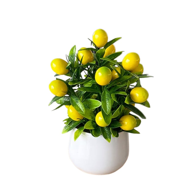 Bonsai cu lămâie în ghiveci, plantă verde artificială cu fructul de lămâie