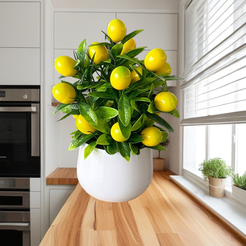 Bonsai cu lămâie în ghiveci, plantă verde artificială cu fructul de lămâie