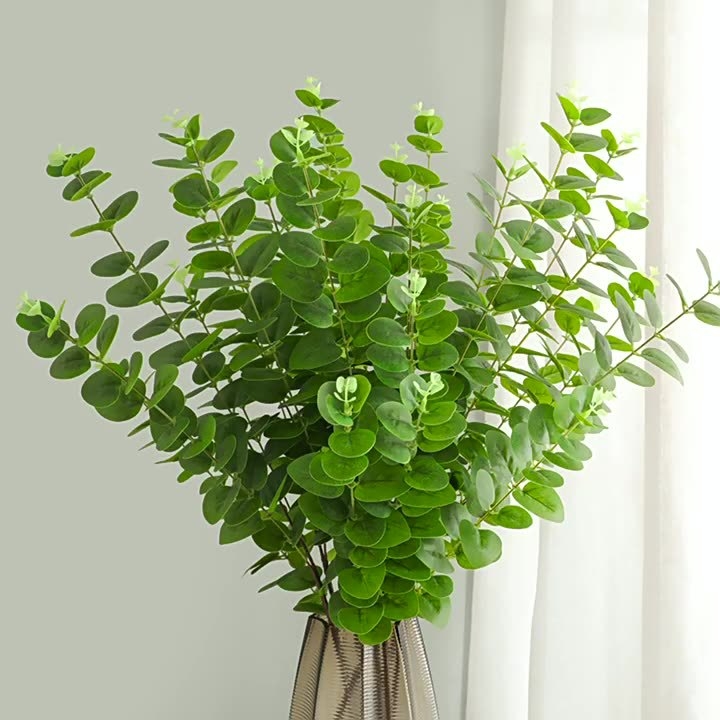 Buchet artificial de eucalipt cu trei ramuri, imprimat 3D, textură realistă, decor pentru casă