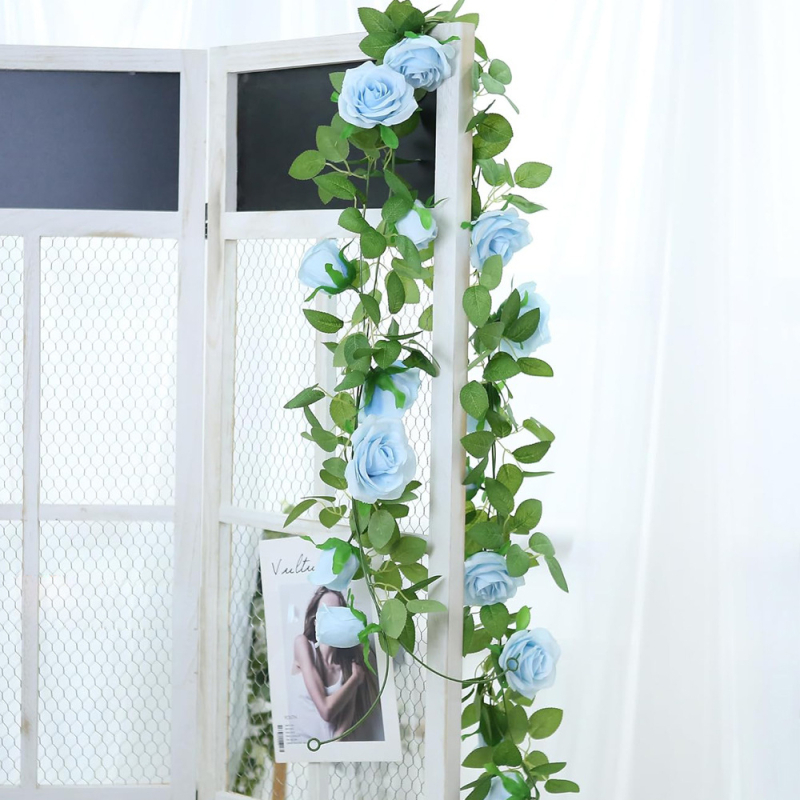 Viță artificială cu trandafiri albaștri din mătase, 100–200 cm, decor pentru primăvara casei