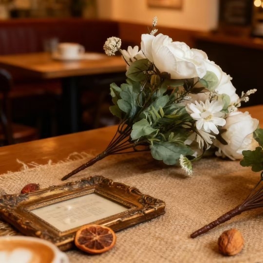 Buchet de flori artificiale cu bujori, crizanteme mici și trandafiri crem, pentru fotografie și decorarea meselor hotelului
