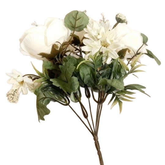 Buchet de flori artificiale cu bujori, crizanteme mici și trandafiri crem, pentru fotografie și decorarea meselor hotelului