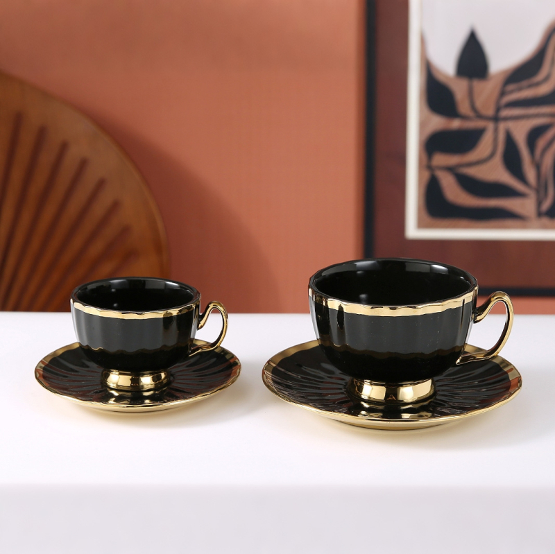 Set cești și farfurioare de cafea în stil european, cu aur gravat și model floral, 6 cești și 6 farfurioare, pentru uz casnic, cutie cadou