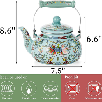 Ceainier emailat cu model floral pentru fierberea apei, prepararea cafelei și ceaiului cu flori, compatibil cu flacără deschisă și plită cu inducție, utilizare în exterior, stil boem retro
