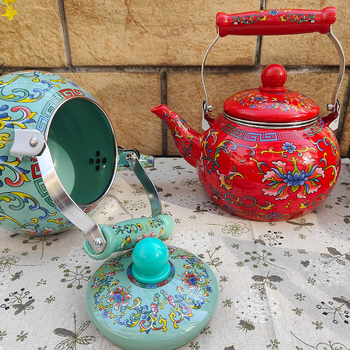Ceainier emailat cu model floral pentru fierberea apei, prepararea cafelei și ceaiului cu flori, compatibil cu flacără deschisă și plită cu inducție, utilizare în exterior, stil boem retro
