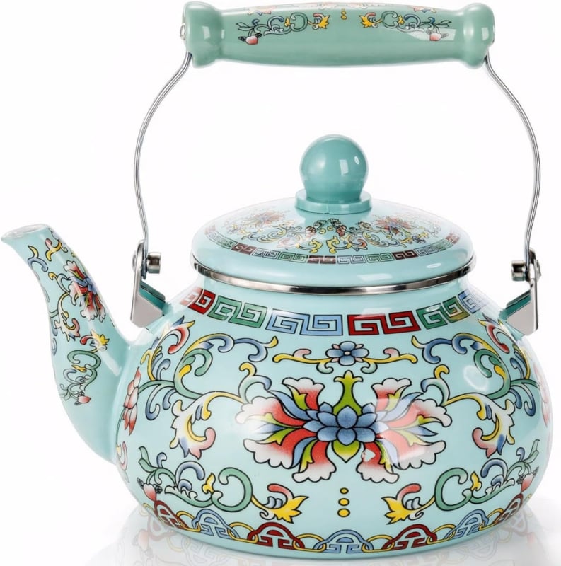 Ceainier emailat cu model floral pentru fierberea apei, prepararea cafelei și ceaiului cu flori, compatibil cu flacără deschisă și plită cu inducție, utilizare în exterior, stil boem retro