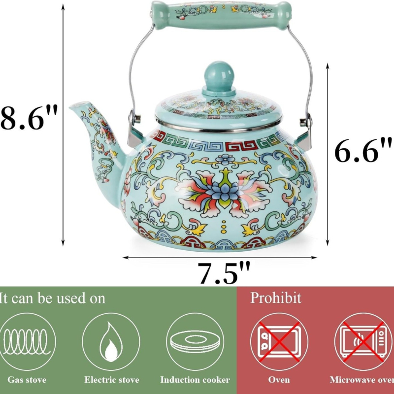 Ceainier emailat cu model floral pentru fierberea apei, prepararea cafelei și ceaiului cu flori, compatibil cu flacără deschisă și plită cu inducție, utilizare în exterior, stil boem retro