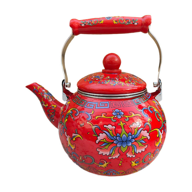 Ceainier emailat cu model floral pentru fierberea apei, prepararea cafelei și ceaiului cu flori, compatibil cu flacără deschisă și plită cu inducție, utilizare în exterior, stil boem retro