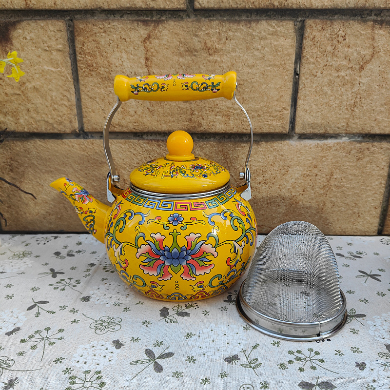 Ceainier emailat cu model floral pentru fierberea apei, prepararea cafelei și ceaiului cu flori, compatibil cu flacără deschisă și plită cu inducție, utilizare în exterior, stil boem retro