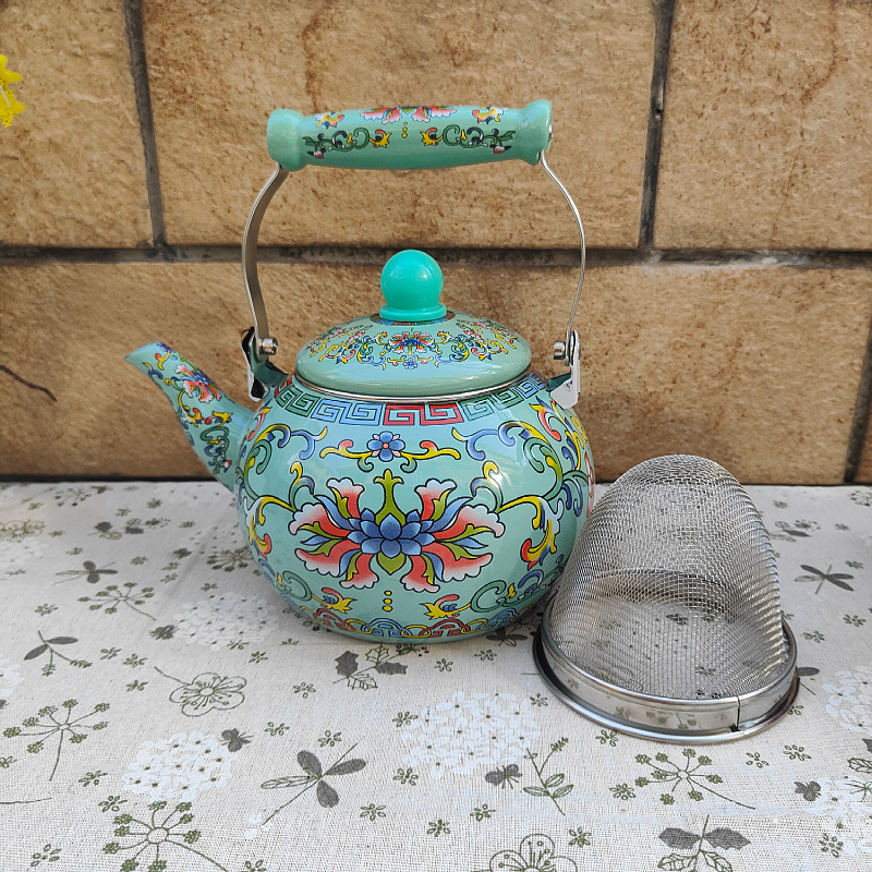 Ceainier emailat cu model floral pentru fierberea apei, prepararea cafelei și ceaiului cu flori, compatibil cu flacără deschisă și plită cu inducție, utilizare în exterior, stil boem retro