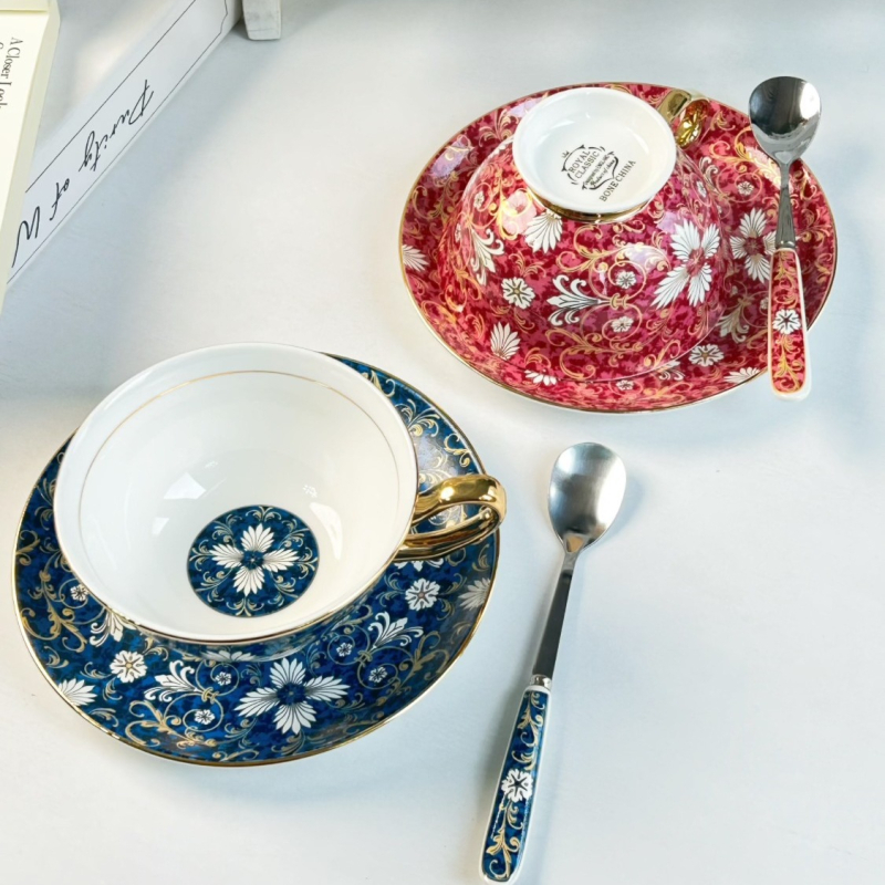 Set european bone china cu cană de cafea și farfurie, porțelan elegant pentru ceai de după-amiază acasă