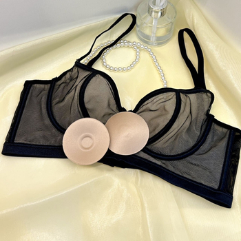 Sutien romantic în stil franțuzesc, din plasă transparentă, cu acoperire completă pentru sâni mari, push-up și anti-cădere