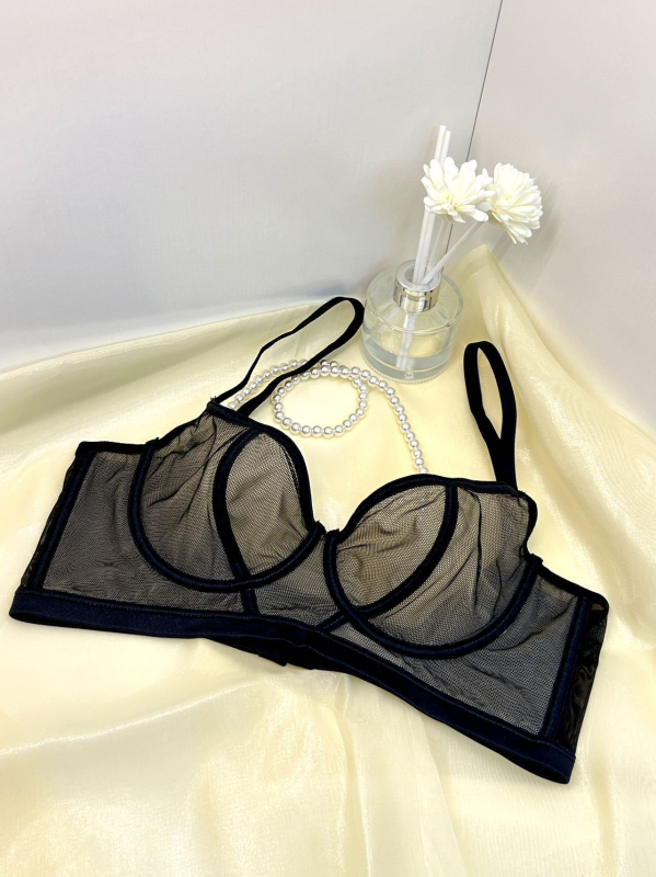 Sutien romantic în stil franțuzesc, din plasă transparentă, cu acoperire completă pentru sâni mari, push-up și anti-cădere