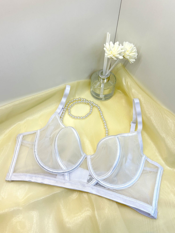 Sutien romantic în stil franțuzesc, din plasă transparentă, cu acoperire completă pentru sâni mari, push-up și anti-cădere