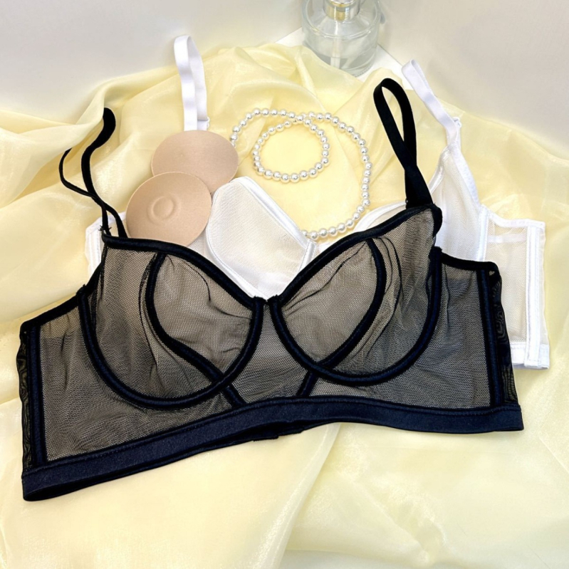 Sutien romantic în stil franțuzesc, din plasă transparentă, cu acoperire completă pentru sâni mari, push-up și anti-cădere