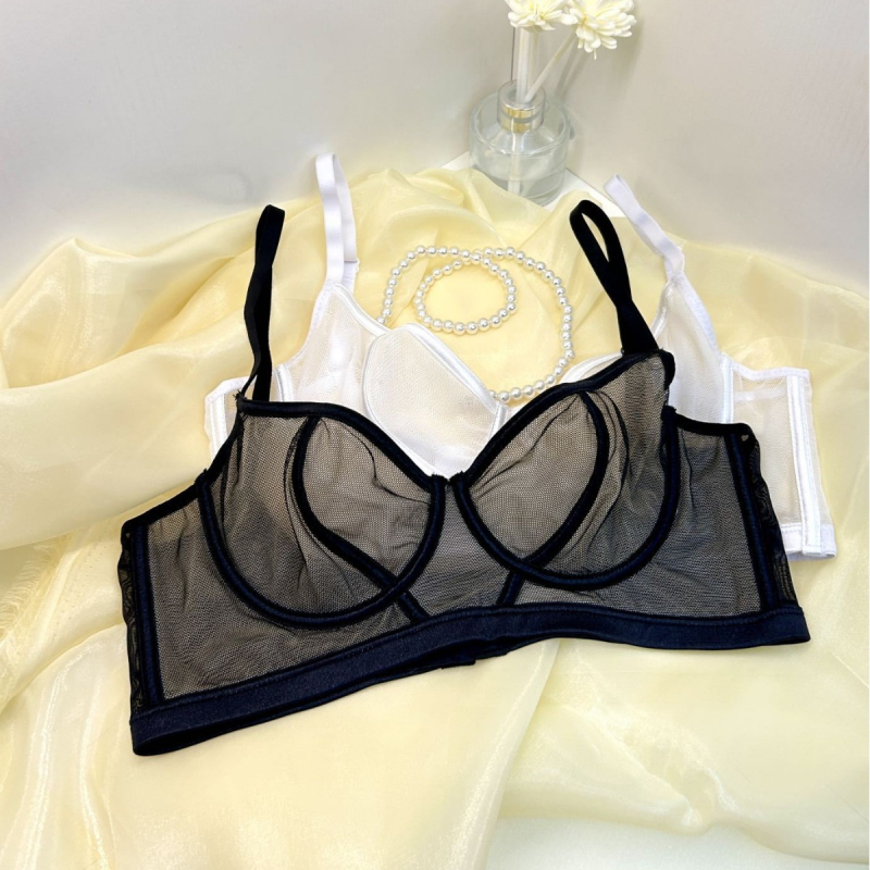 Sutien romantic în stil franțuzesc, din plasă transparentă, cu acoperire completă pentru sâni mari, push-up și anti-cădere