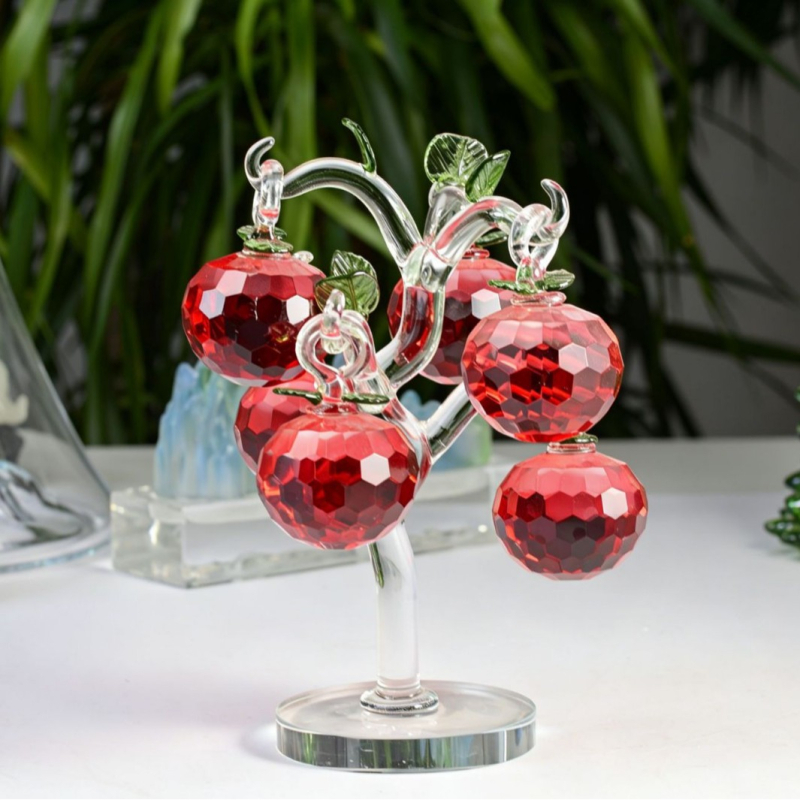 Ornament din cristal fațetat în formă de copac cu mere, roșu, decor pentru masă de living, lucrare din sticlă, set de 6 copaci de mere suspendați