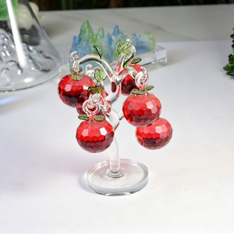 Ornament din cristal fațetat în formă de copac cu mere, roșu, decor pentru masă de living, lucrare din sticlă, set de 6 copaci de mere suspendați