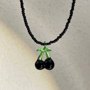 fever Pandantiv cu cireș, mărgele negre, lanț clavicular, design de nișă, colier de vară pentru femei