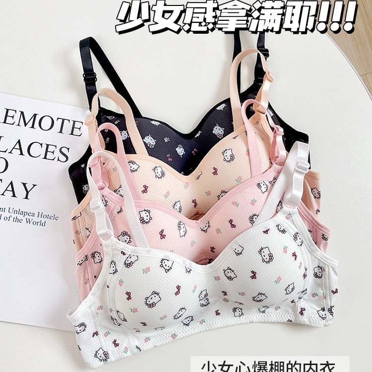  Sutien japonez drăguț cu imprimeu KT pisică, fără arc, push-up pentru bust mic, confortabil