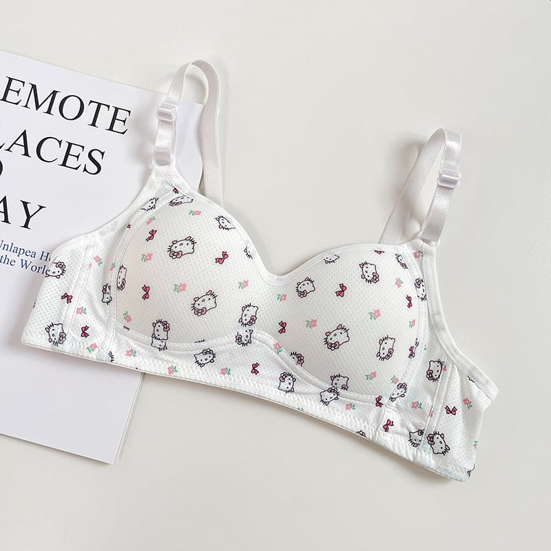  Sutien japonez drăguț cu imprimeu KT pisică, fără arc, push-up pentru bust mic, confortabil