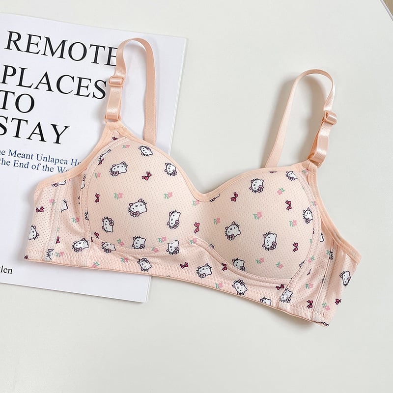  Sutien japonez drăguț cu imprimeu KT pisică, fără arc, push-up pentru bust mic, confortabil