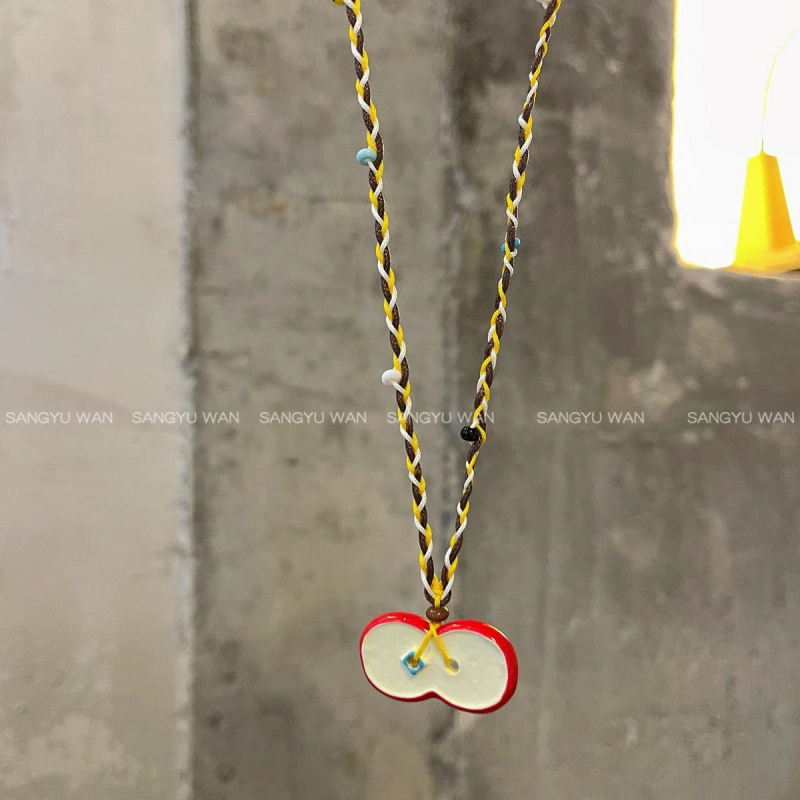 Colier de vară cu mărgele Dopamin: fructe verzi, pandantiv drăguț cu măr roșu, choker și lanț clavicular pentru femei