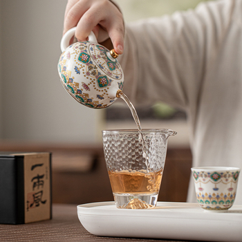 Set Gongfu de ceai cu ceainic emailat cu flori și două cești, porțelan, portabil pentru acasă și în aer liber