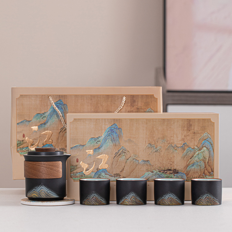 Set de ceai Gongfu din ceramică, 1 ceainic și 4 cești, suvenir de călătorie